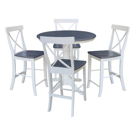 International Concepts 36 in. Solid Wood Round Top Pedestal Counter Height Dining Table w/4 Stools in White/Heather Gray K05-36RT-27B-S6132-4